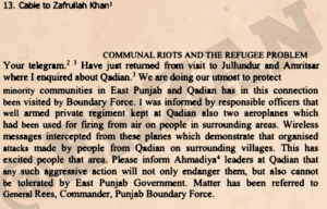1947 Cable from Nehru to Sir Zafrullah Khan